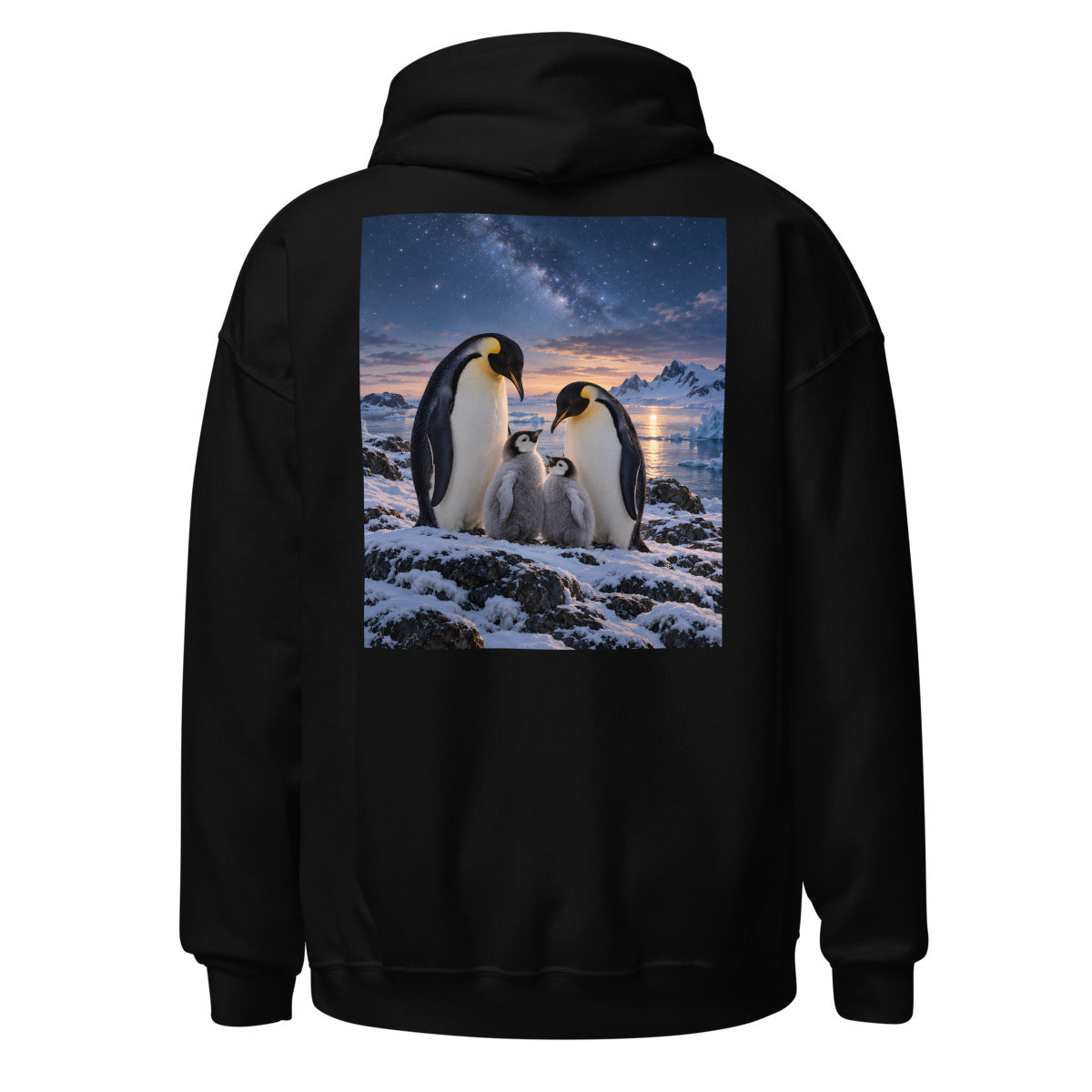 Pinguinfamilie unter Wintersternen – Hoodie – großer Rückendruck