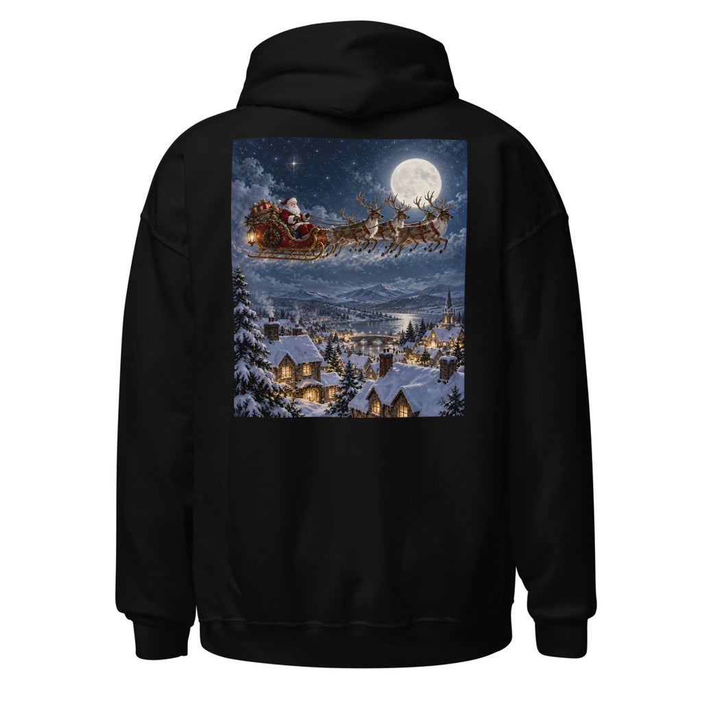 Weihnachtsschlitten über verschneiten Dächern – Hoodie – großer Rückendruck
