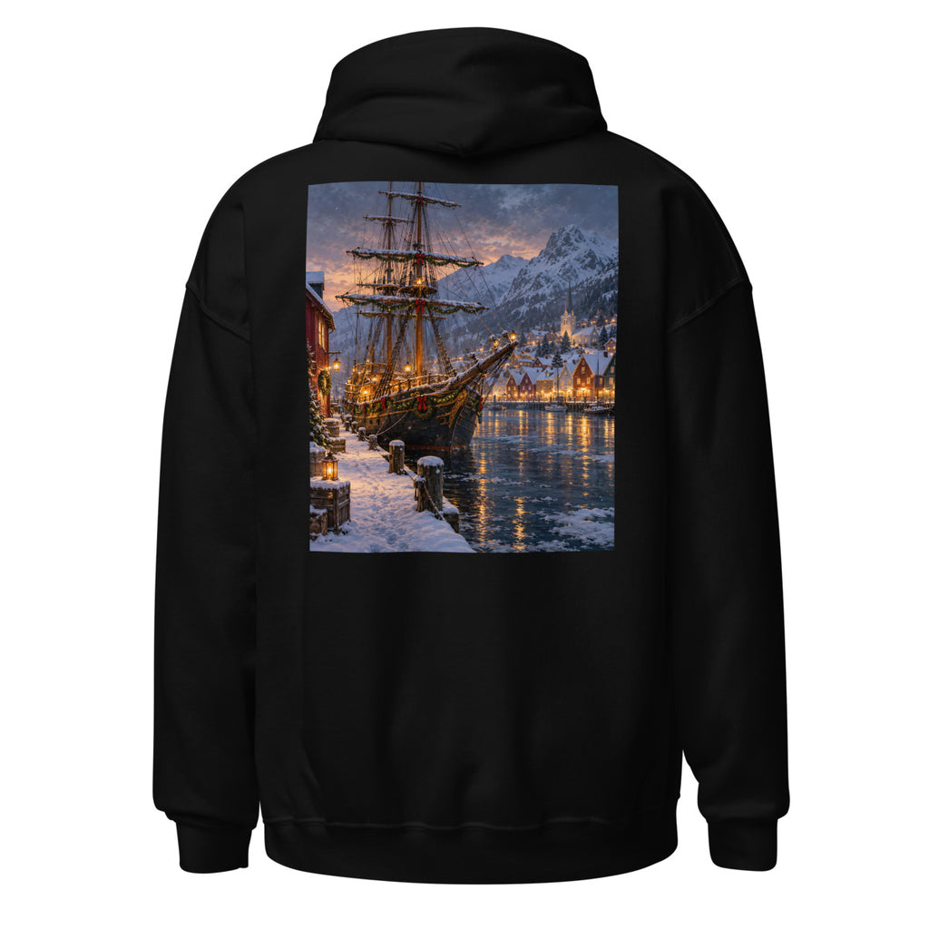 Segelschiff im nordischen Weihnachtshafen – Hoodie – großer Rückendruck