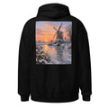 Verschneite Windmühle im Morgenlicht – Hoodie – großer Rückendruck
