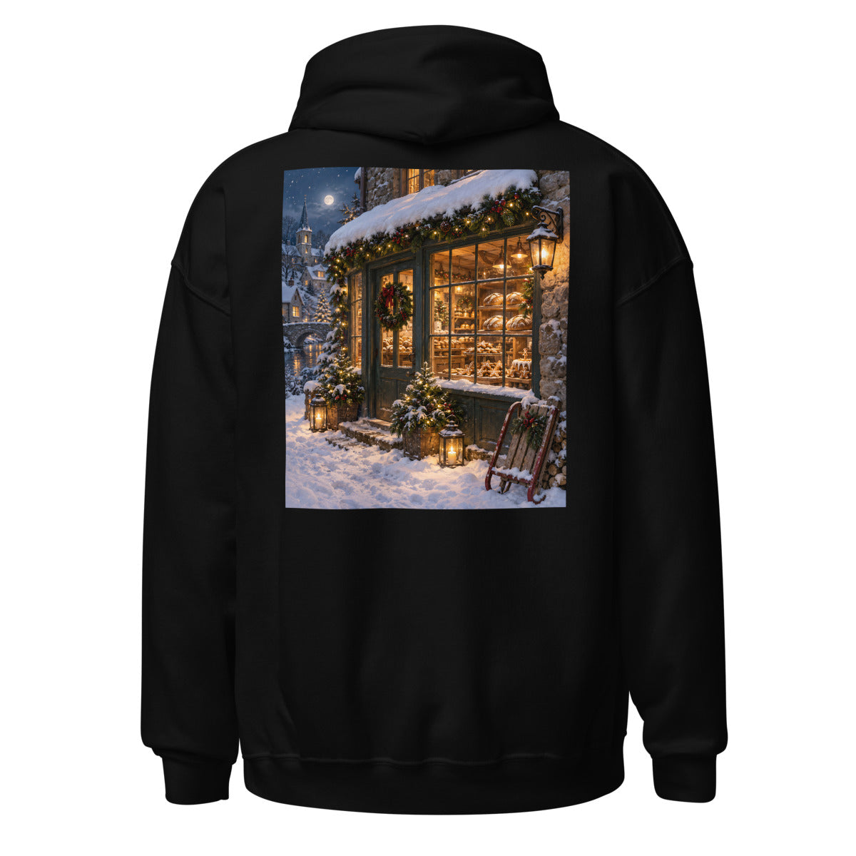 Weihnachtsbäckerei bei Nacht – Hoodie – großer Rückendruck