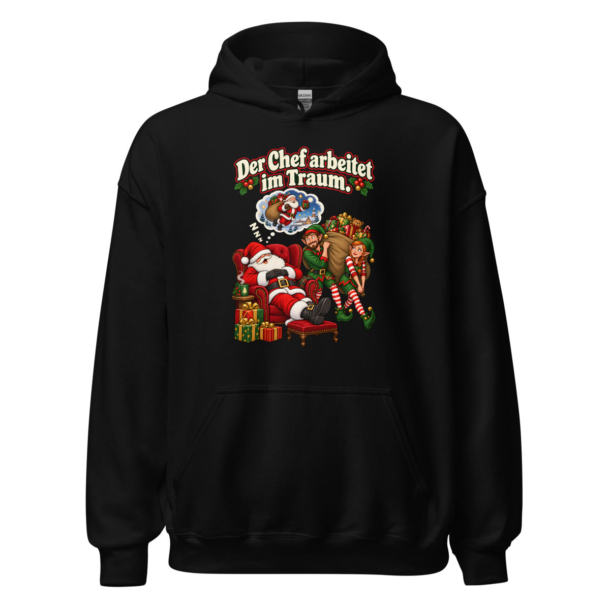 Der Chef arbeitet im Traum. – Hoodie – großer Frontdruck