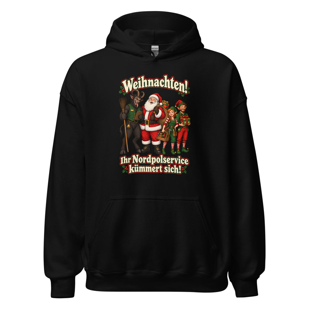 Weihnachten! Ihr Nordpolservice kümmert sich! – Hoodie – großer Frontdruck