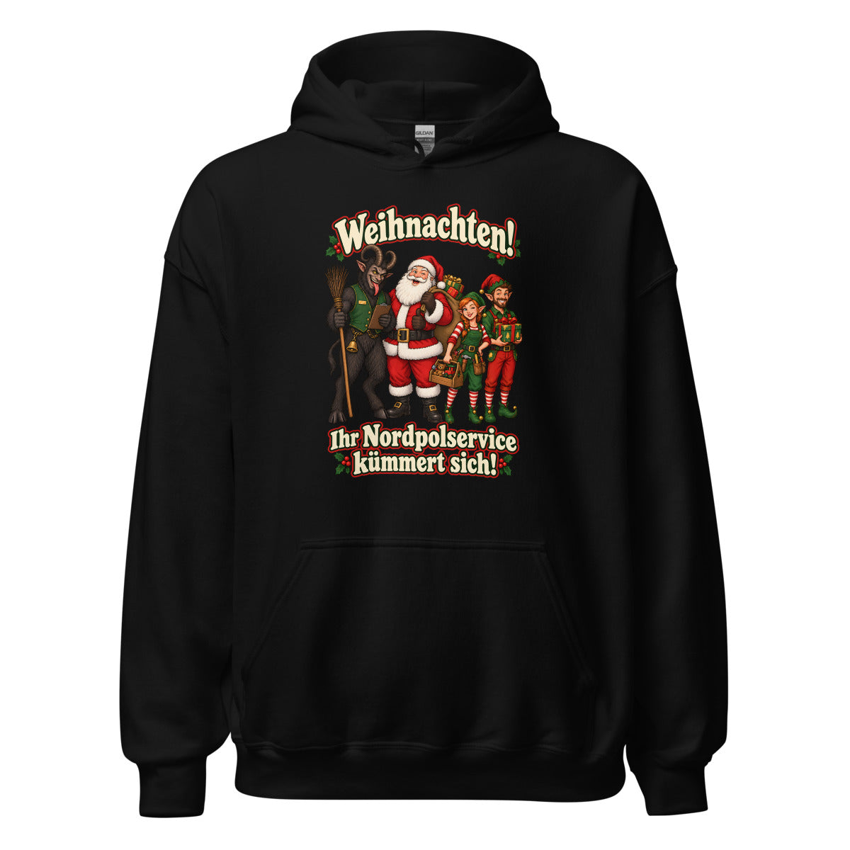 Weihnachten! Ihr Nordpolservice kümmert sich! – Hoodie – großer Frontdruck