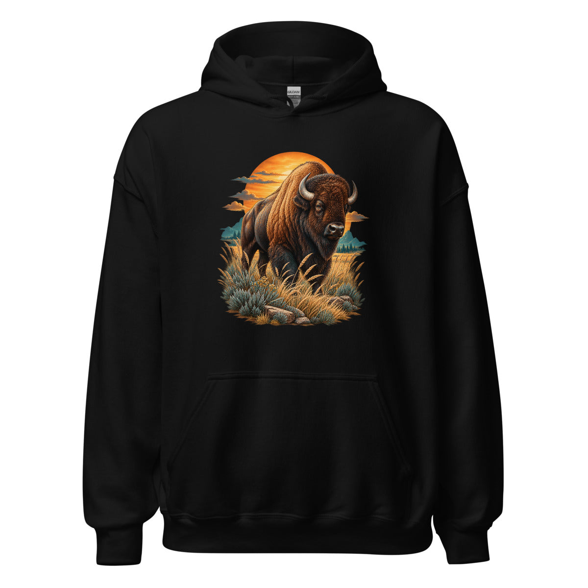 Bison im Sonnenuntergang – Hoodie – großer Frontdruck