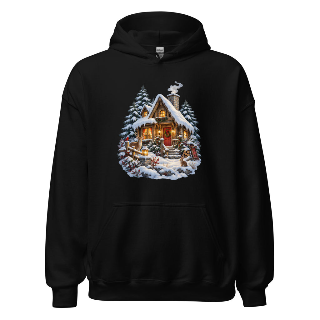 Hütte im Schneetraum – Hoodie – großer Frontdruck