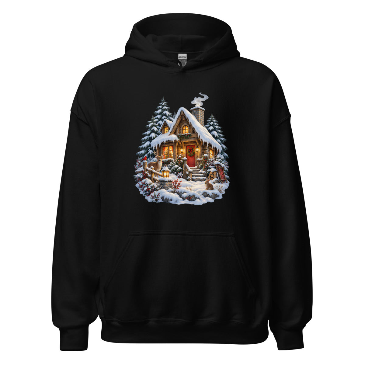 Hütte im Schneetraum – Hoodie – großer Frontdruck