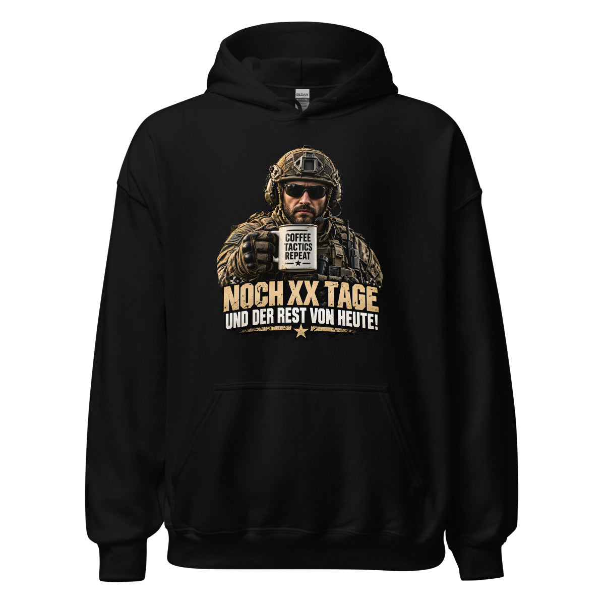 Soldat mit Kaffeetasse und Spruch – Hoodie – großer Frontdruck