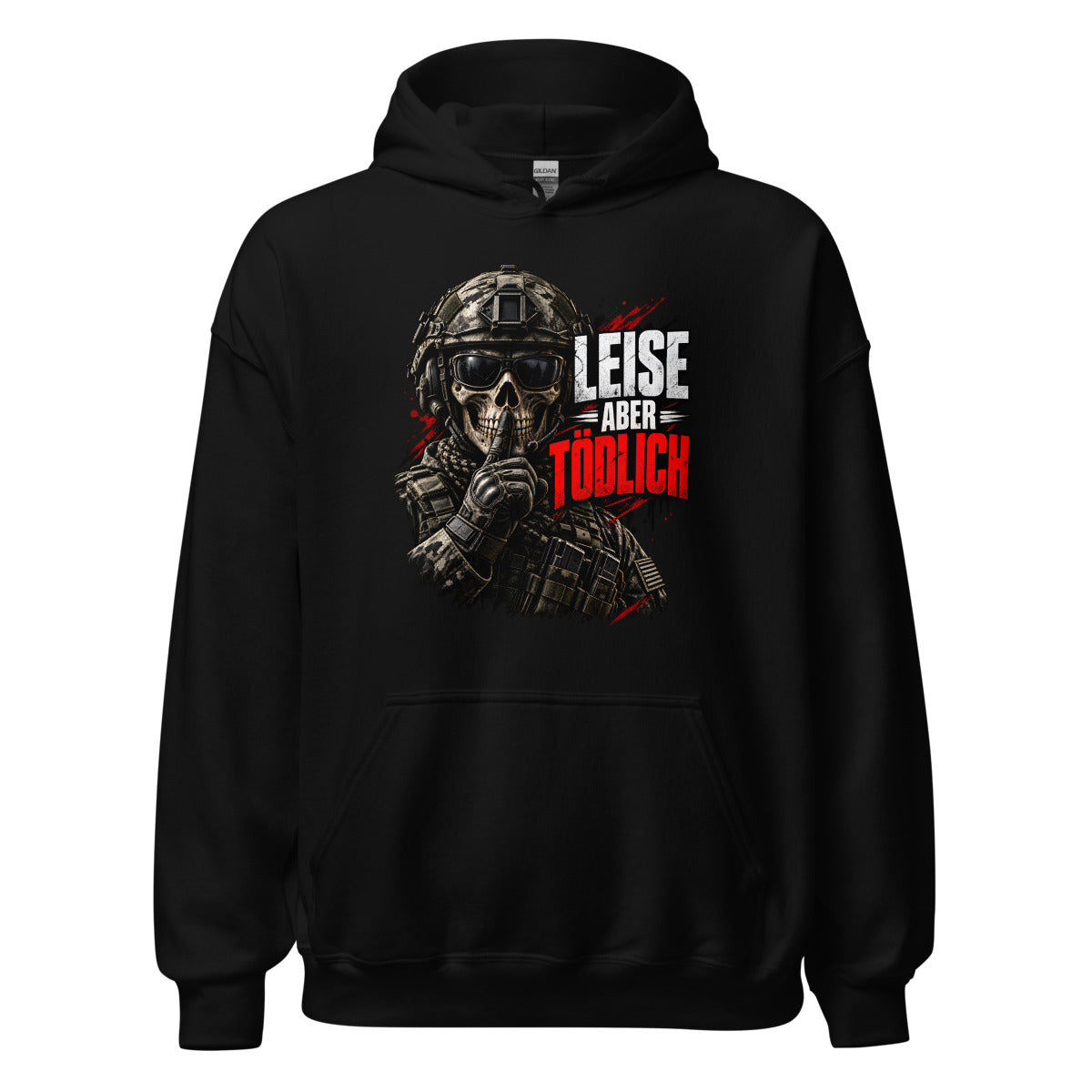 Soldat mit Totenschädel und Shushing-Geste – Hoodie – großer Frontdruck