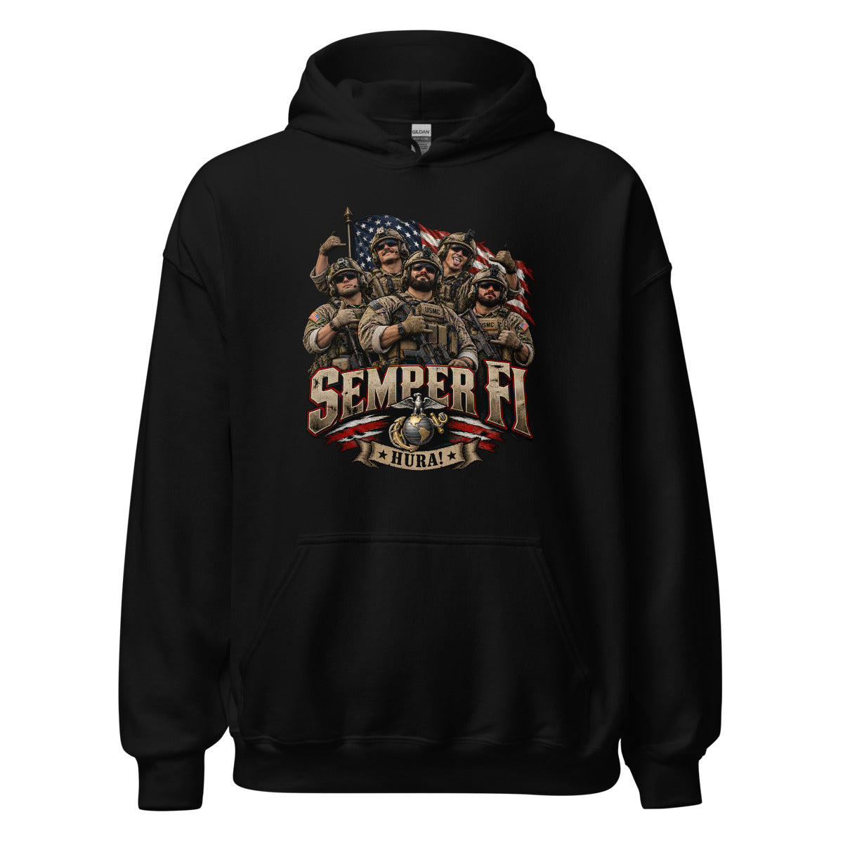 USMC Semper Fi Gruppe mit Flagge – Hoodie – großer Frontdruck