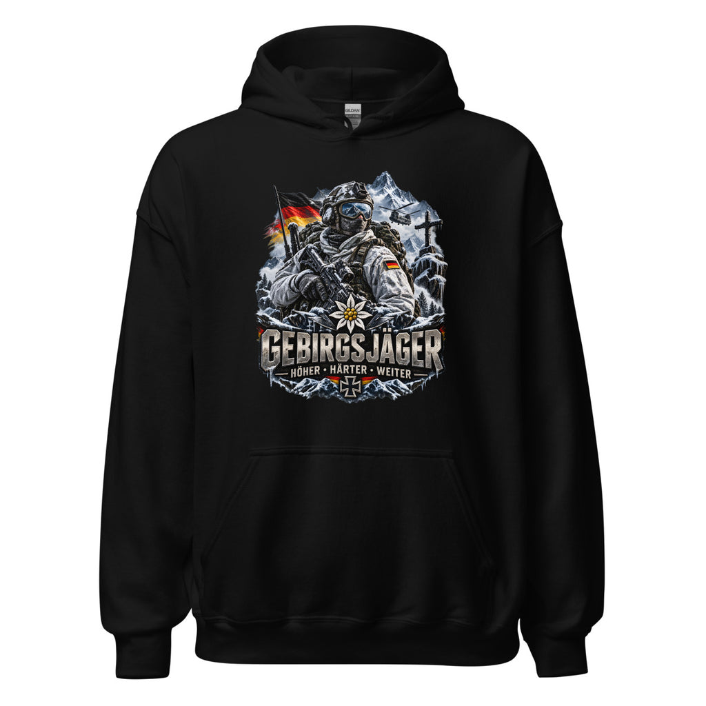 Gebirgsjäger Soldat im Schnee – Hoodie – großer Frontdruck