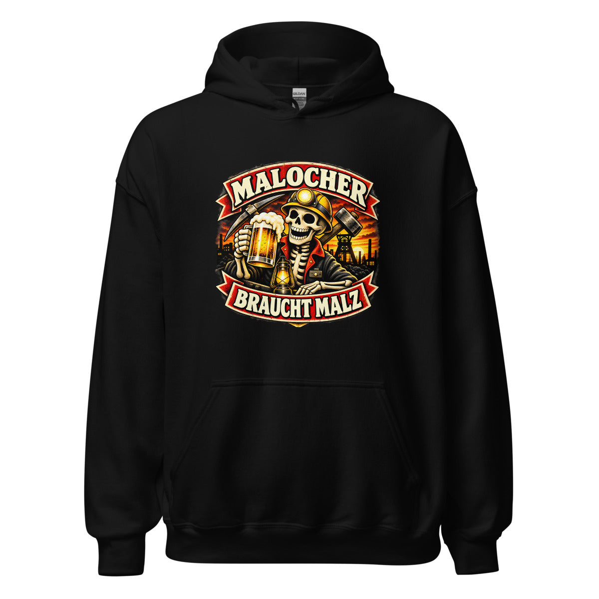 Malocher mit Bier und Grubenlampe – Hoodie – großer Frontdruck