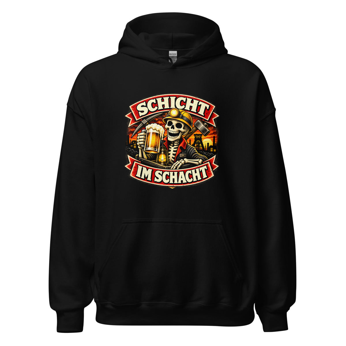 Schicht im Schacht Skelett Bergbau Bier – Hoodie – großer Frontdruck