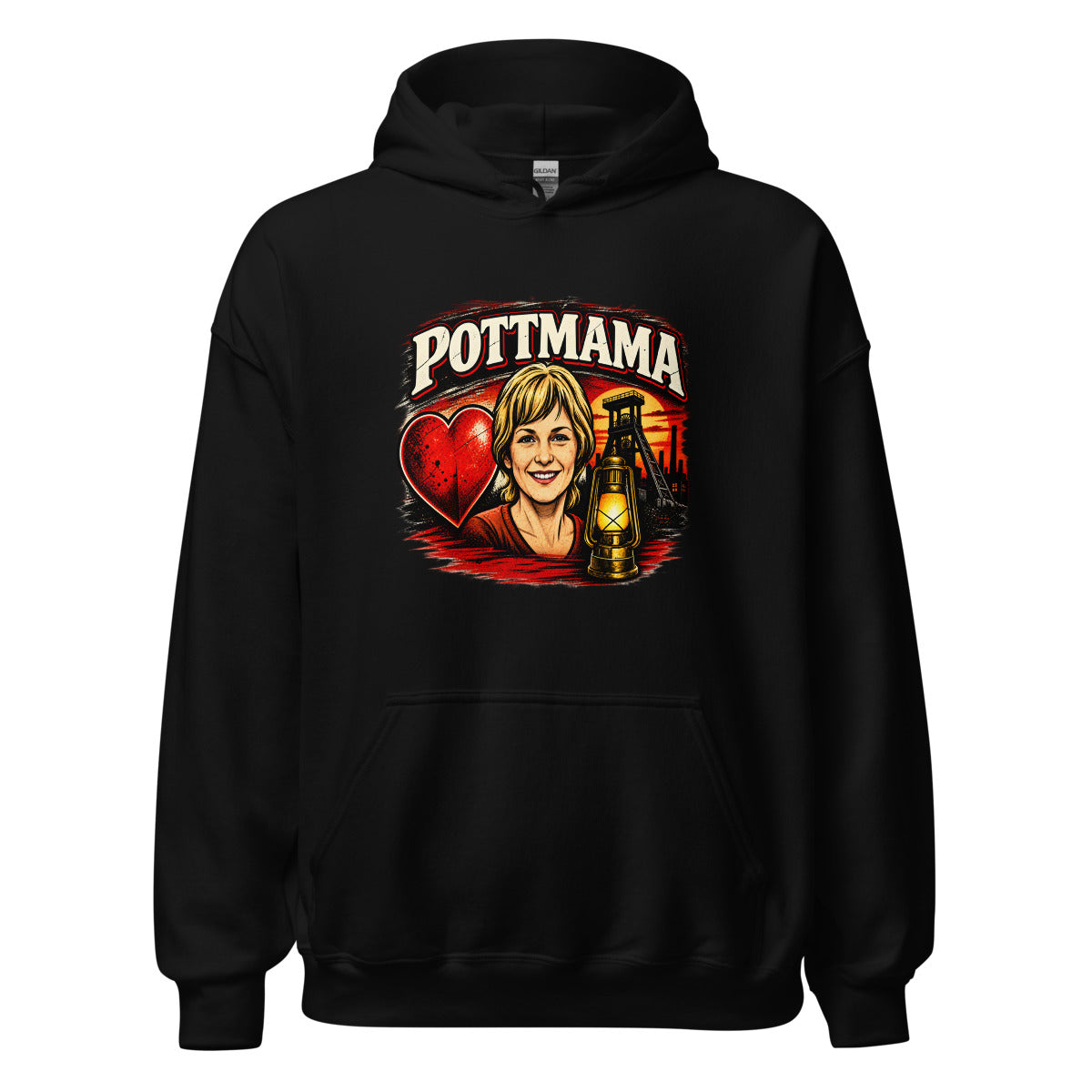Pottmama mit Grubenlampe und Förderturm – Hoodie – großer Frontdruck