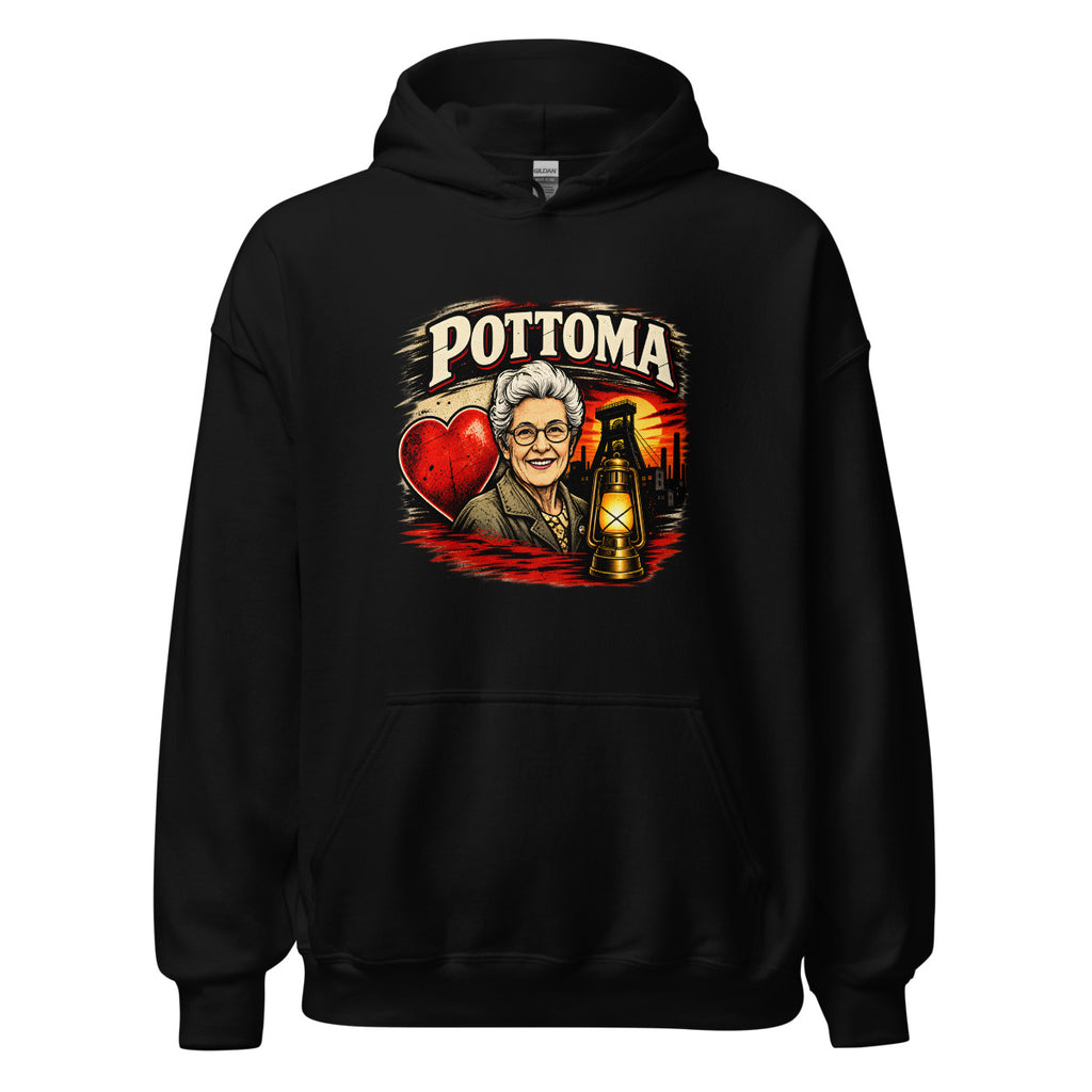 POTOMA mit älterer Frau, Bergbau und Laterne – Hoodie – großer Frontdruck