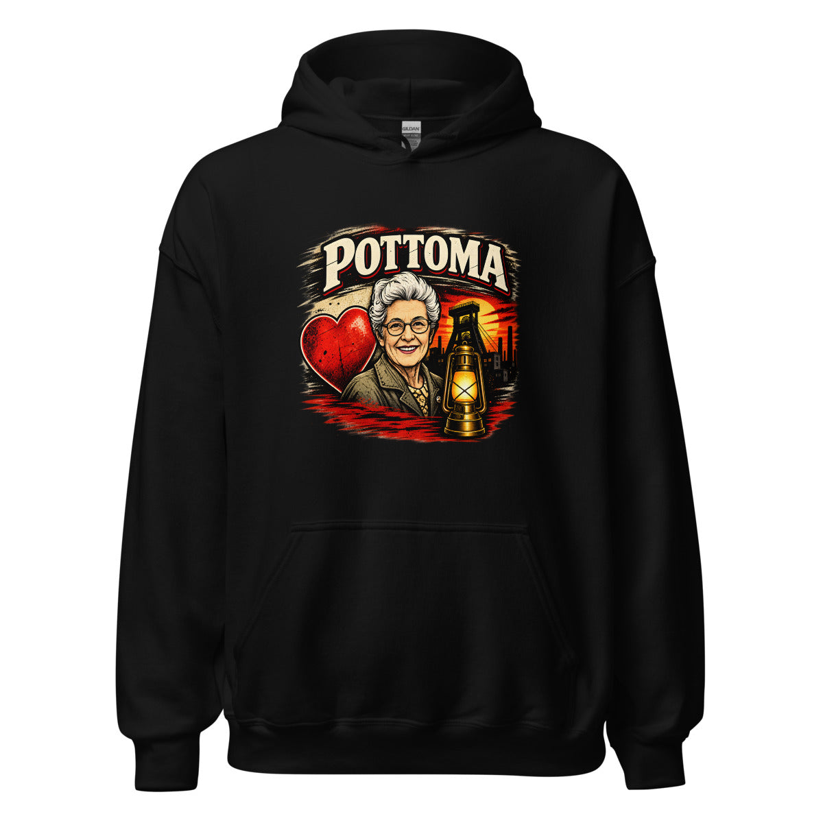 POTOMA mit älterer Frau, Bergbau und Laterne – Hoodie – großer Frontdruck