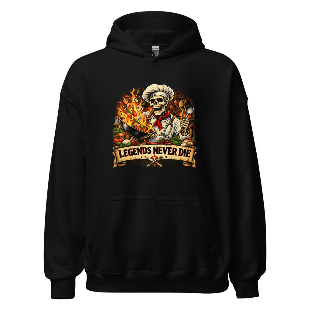 Skelett-Koch mit brennender Pfanne und Schriftzug – Hoodie – großer Frontdruck
