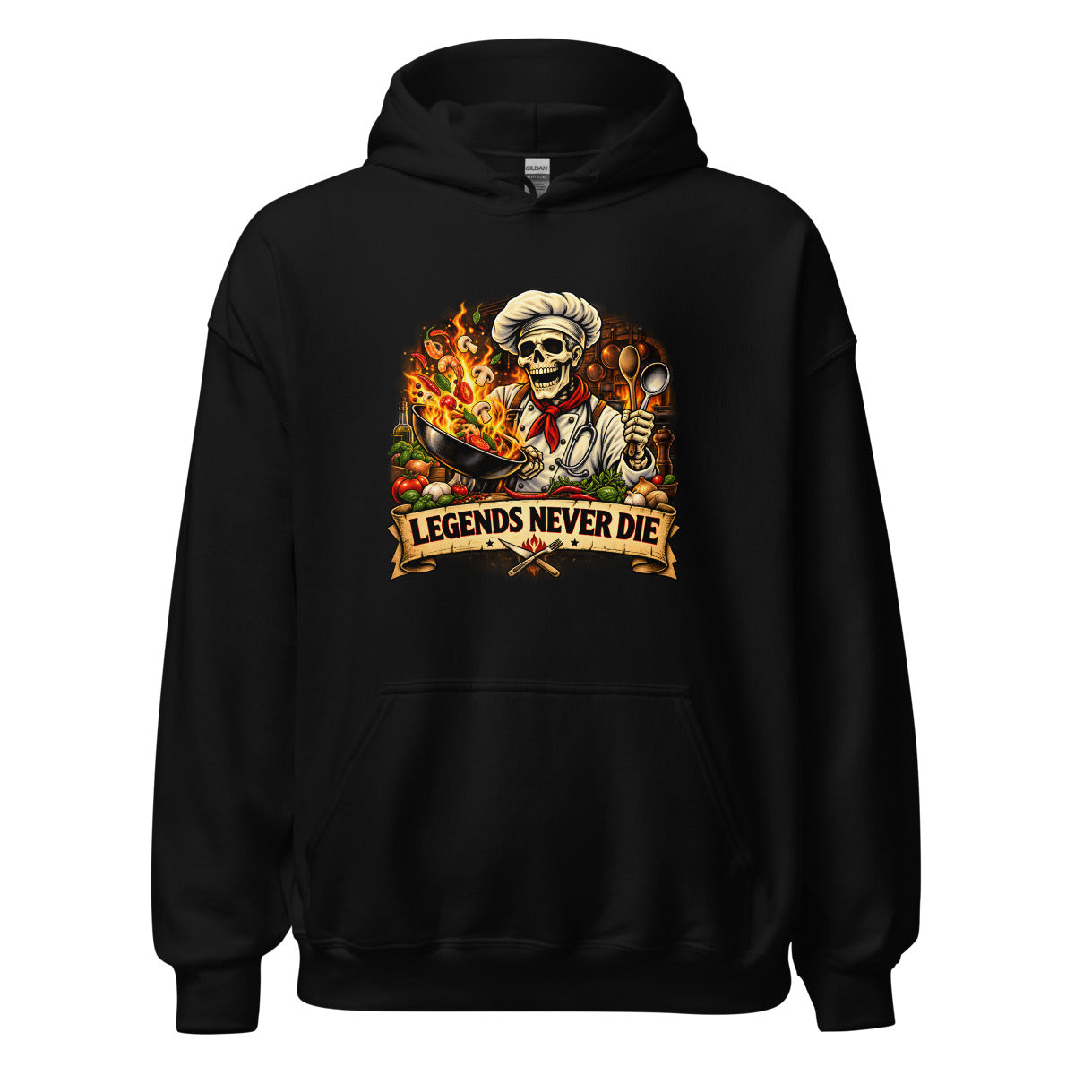 Skelett-Koch mit brennender Pfanne und Schriftzug – Hoodie – großer Frontdruck