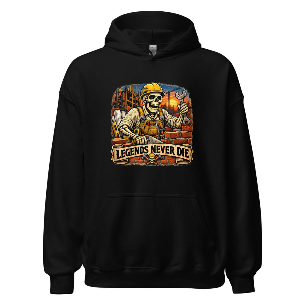 Skelett-Bauarbeiter mit Schriftzug "Legends Never Die" – Hoodie – großer Frontdruck