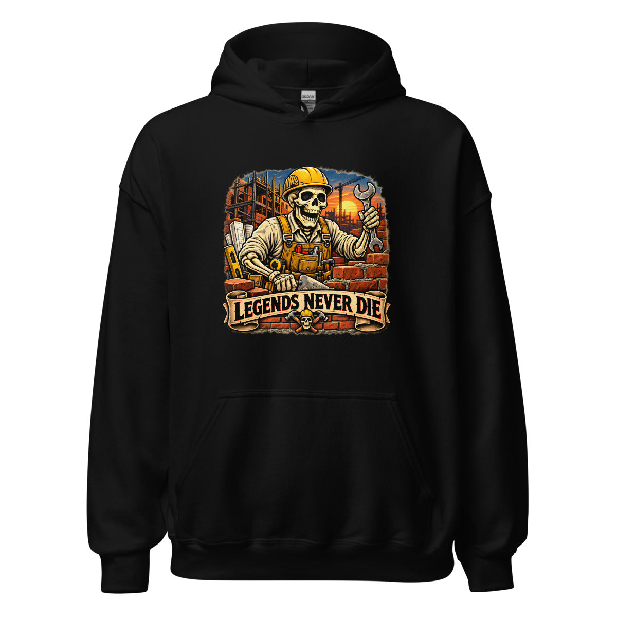 Skelett-Bauarbeiter mit Schriftzug "Legends Never Die" – Hoodie – großer Frontdruck