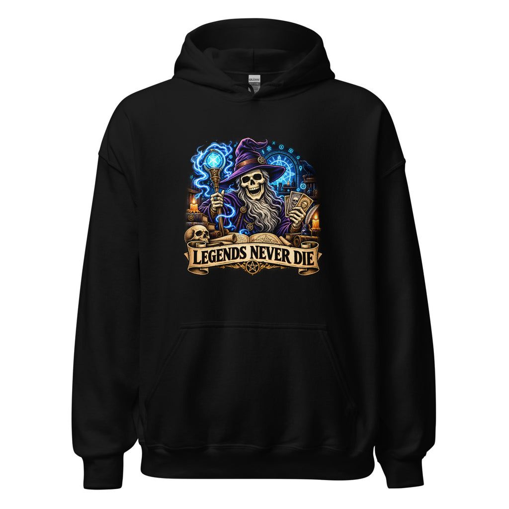 Skelett-Zauberer mit Schriftzug "Legends Never Die" – Hoodie – großer Frontdruck