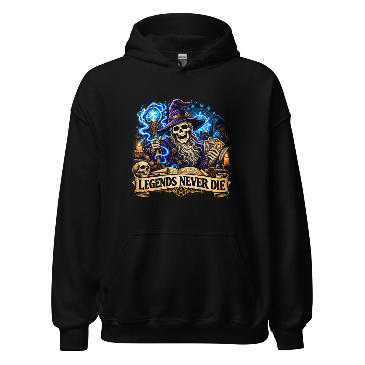 Skelett-Zauberer mit Schriftzug "Legends Never Die" – Hoodie – großer Frontdruck