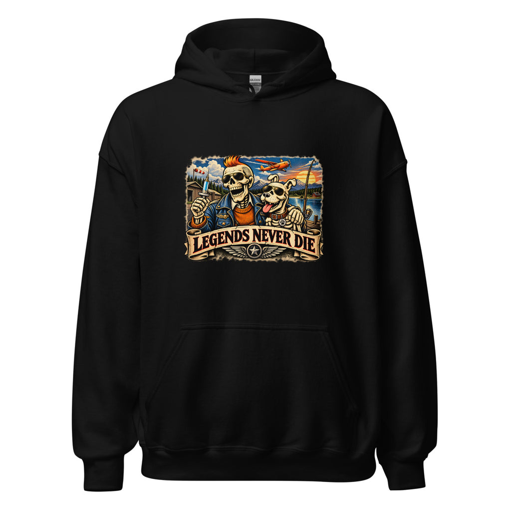 Legends Never Die mit Skelett und Hund – Hoodie – großer Frontdruck