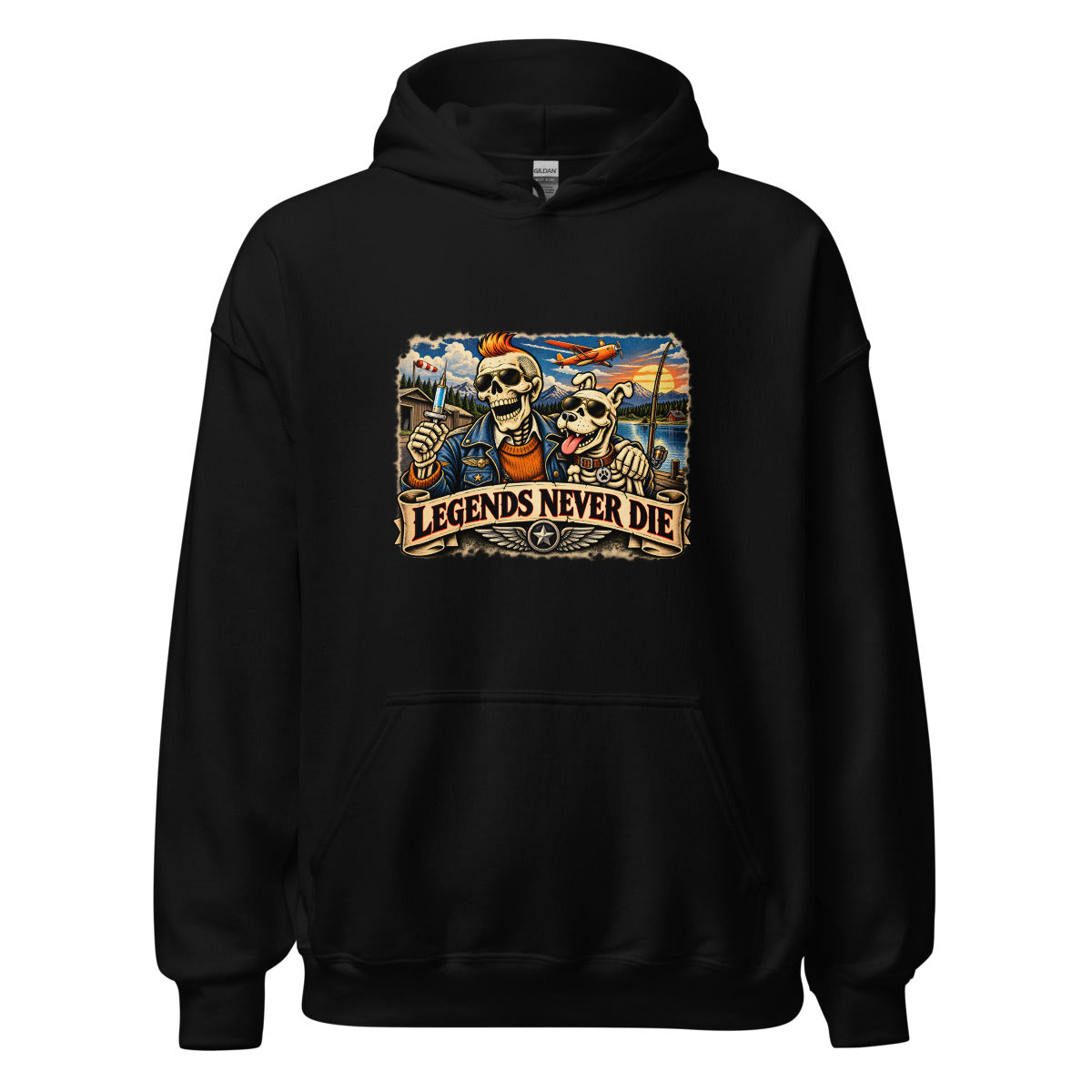 Legends Never Die mit Skelett und Hund – Hoodie – großer Frontdruck