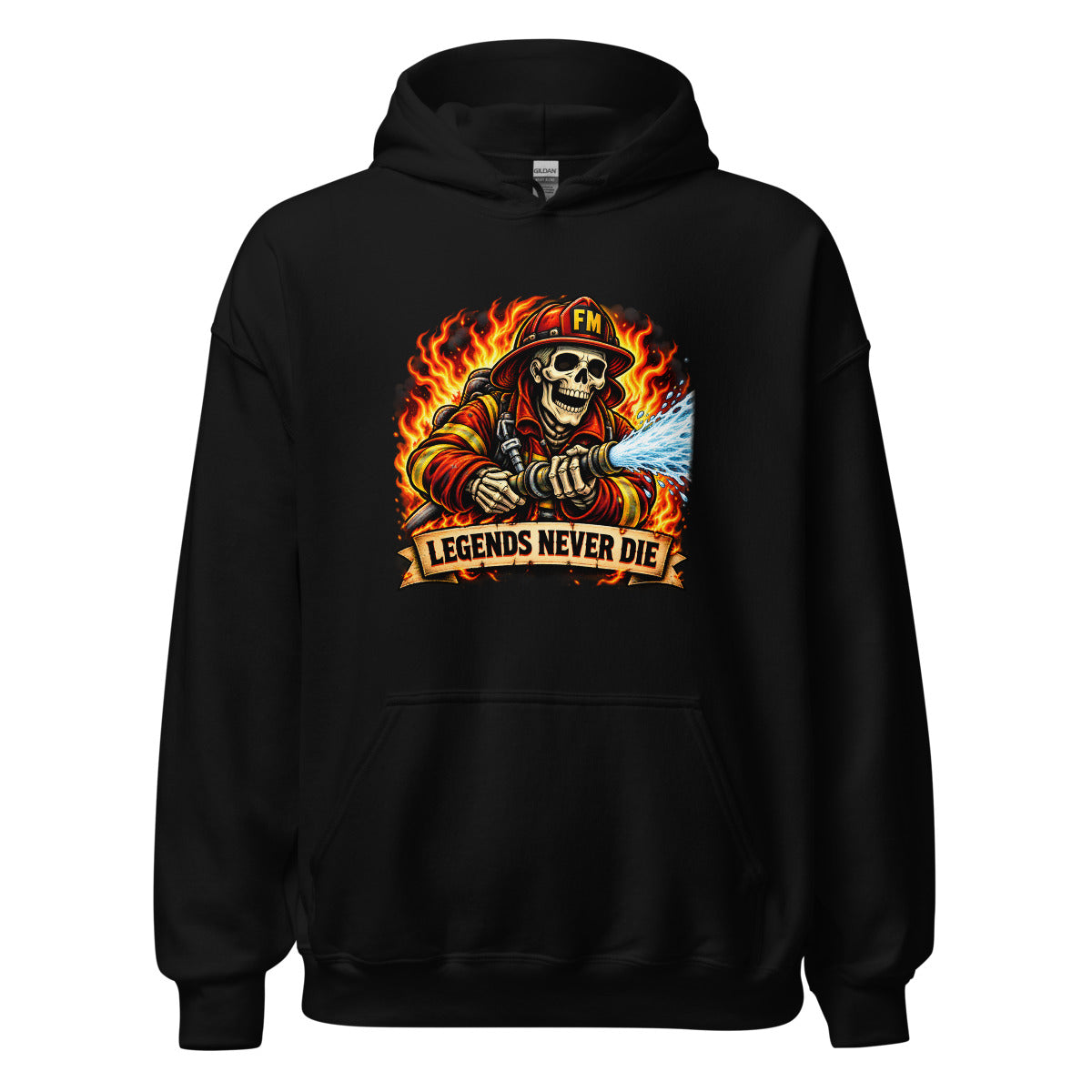 Feuerwehr-Skelett mit Schriftzug "Legends Never Die" – Hoodie – großer Frontdruck