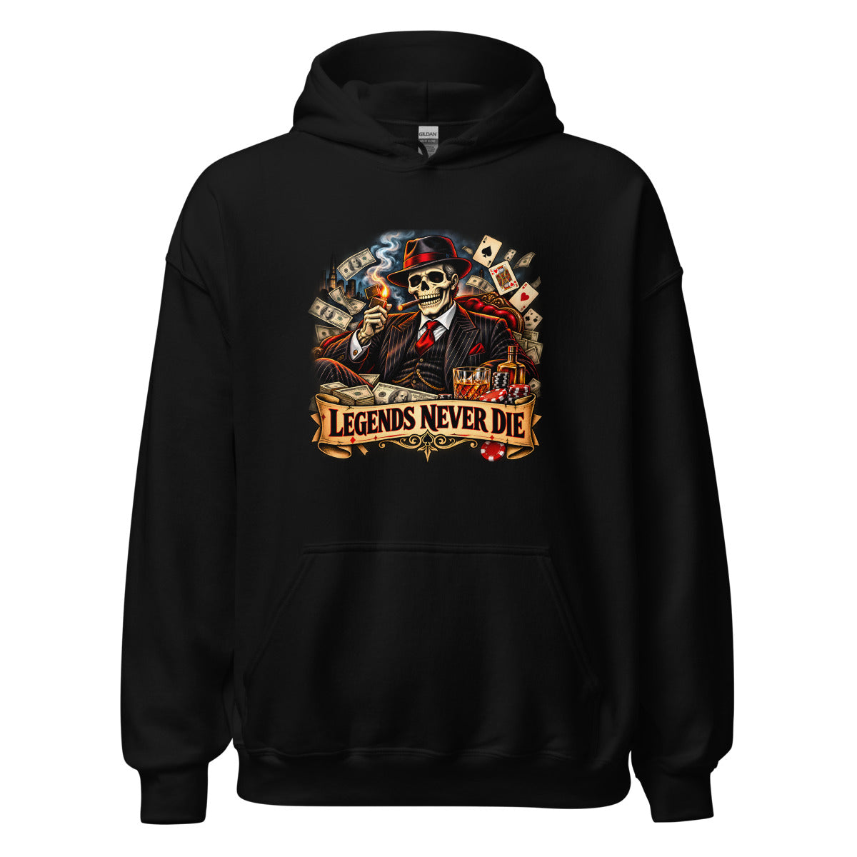 Skelett-Gangster mit Zigarre und Schriftzug – Hoodie – großer Frontdruck