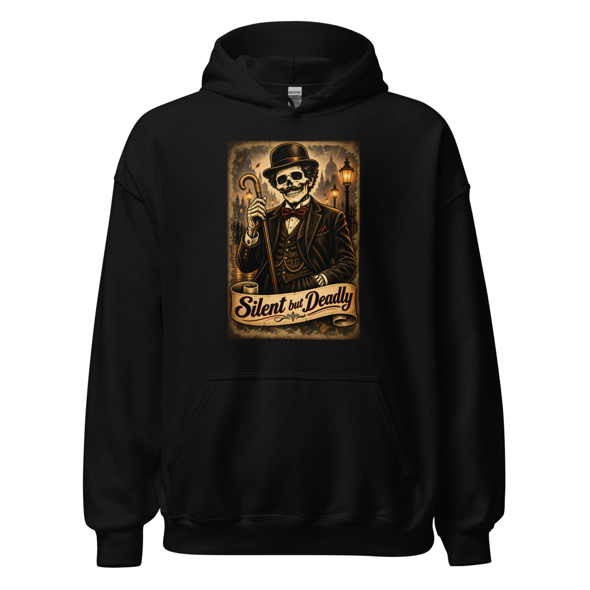 Skelett-Gentleman mit Zylinder und Gehstock – Hoodie – großer Frontdruck