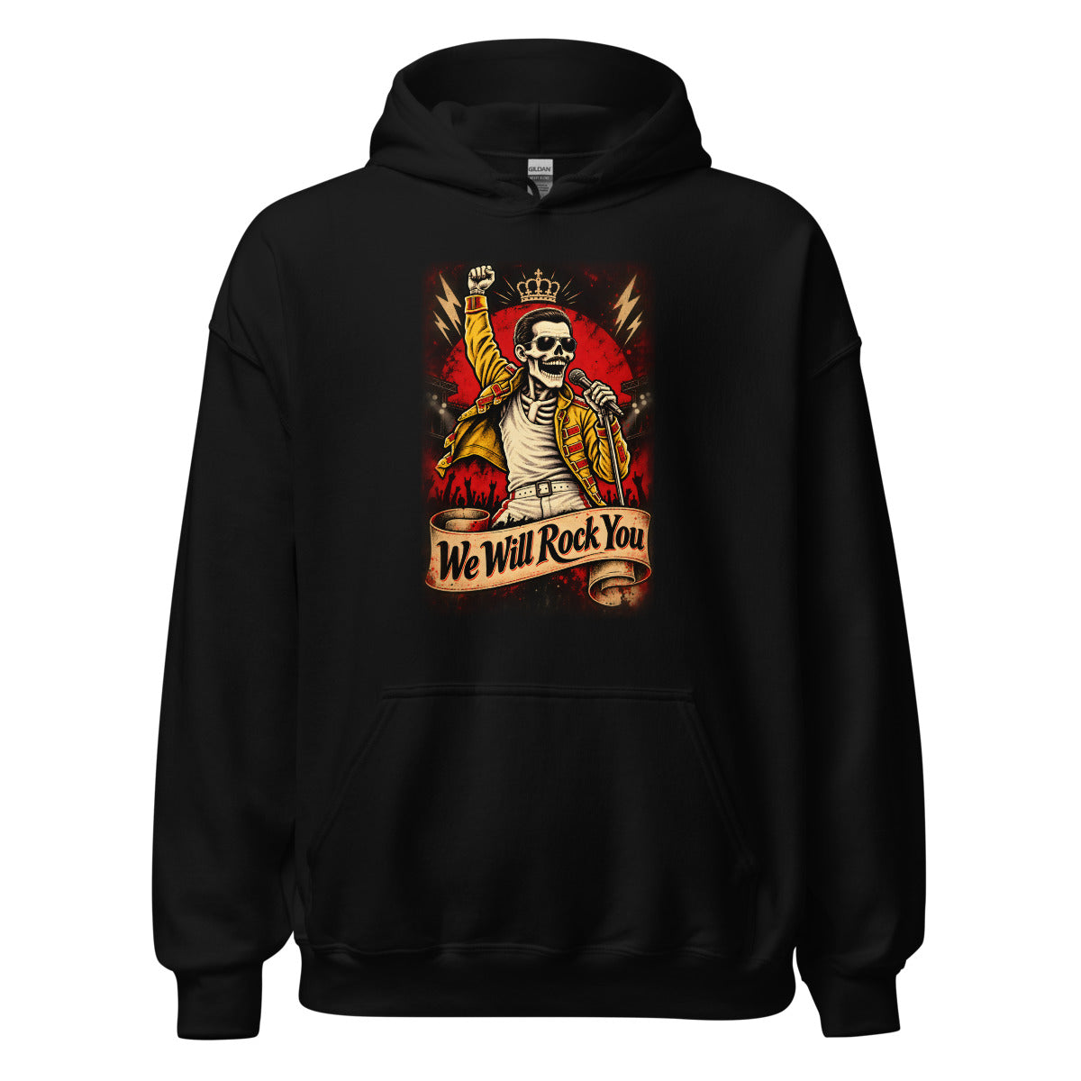 Skelett-Rocksänger mit Krone und Mikrofon – Hoodie – großer Frontdruck