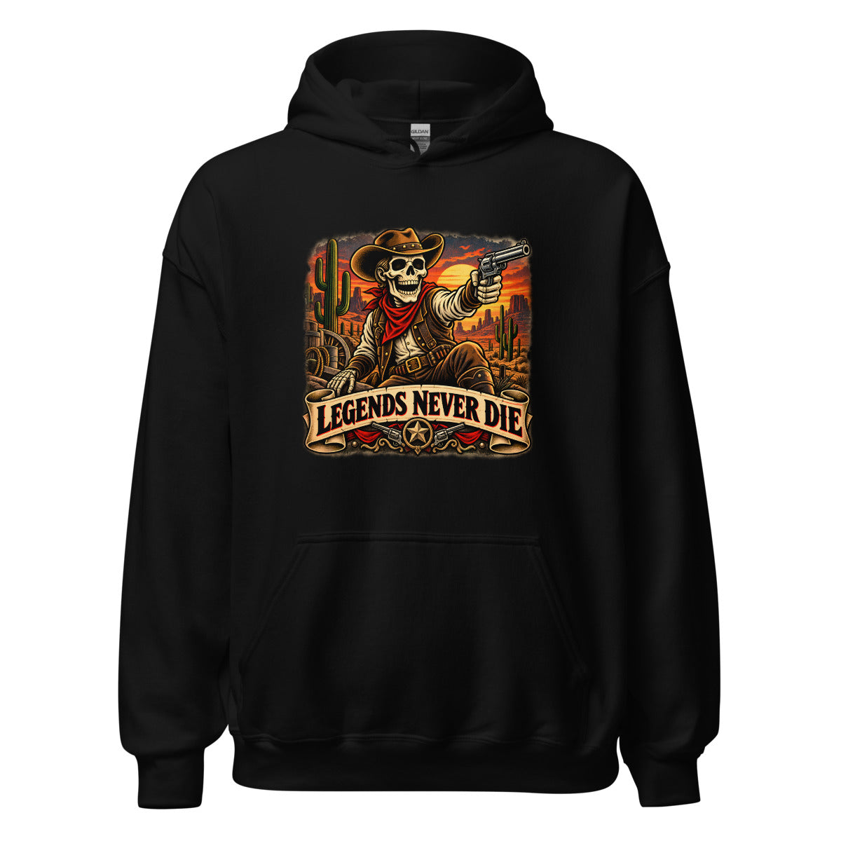 Western Skelett mit Revolver und Schriftzug – Hoodie – großer Frontdruck
