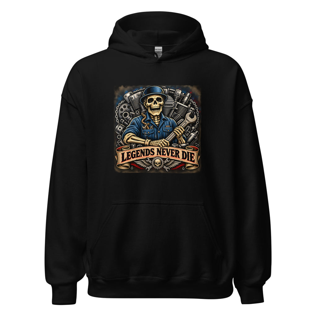 Skelett-Mechaniker mit Schraubenschlüssel und Schriftzug – Hoodie – großer Frontdruck
