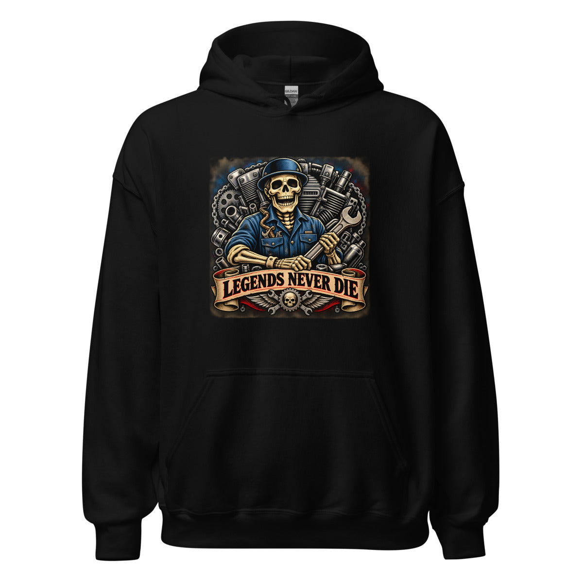 Skelett-Mechaniker mit Schraubenschlüssel und Schriftzug – Hoodie – großer Frontdruck
