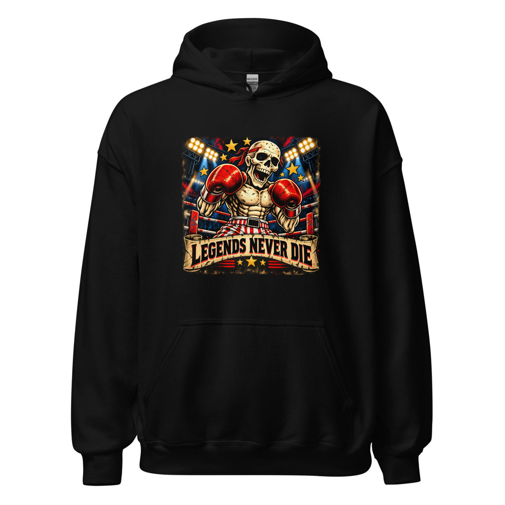 Boxskelett mit Schriftzug "Legends Never Die" – Hoodie – großer Frontdruck