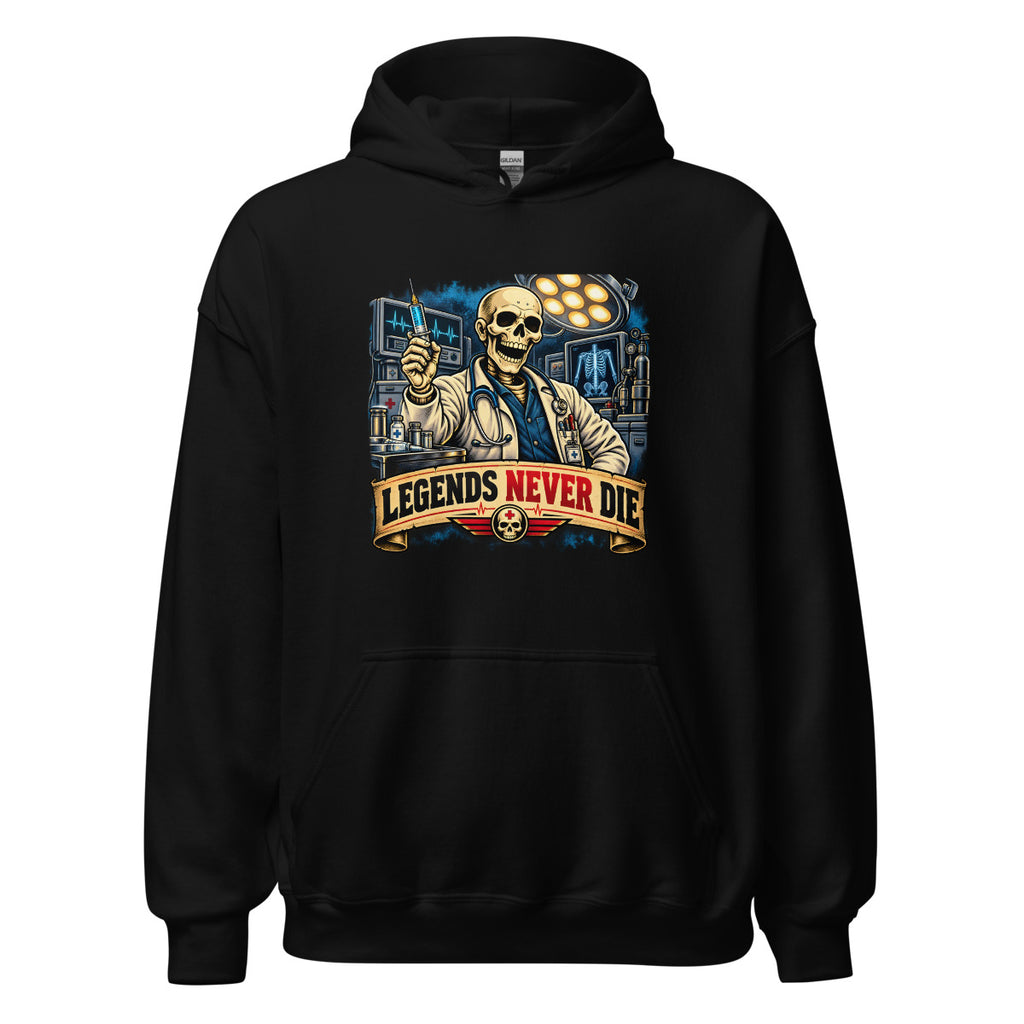 Skelett-Arzt mit Spritze und Schriftzug – Hoodie – großer Frontdruck