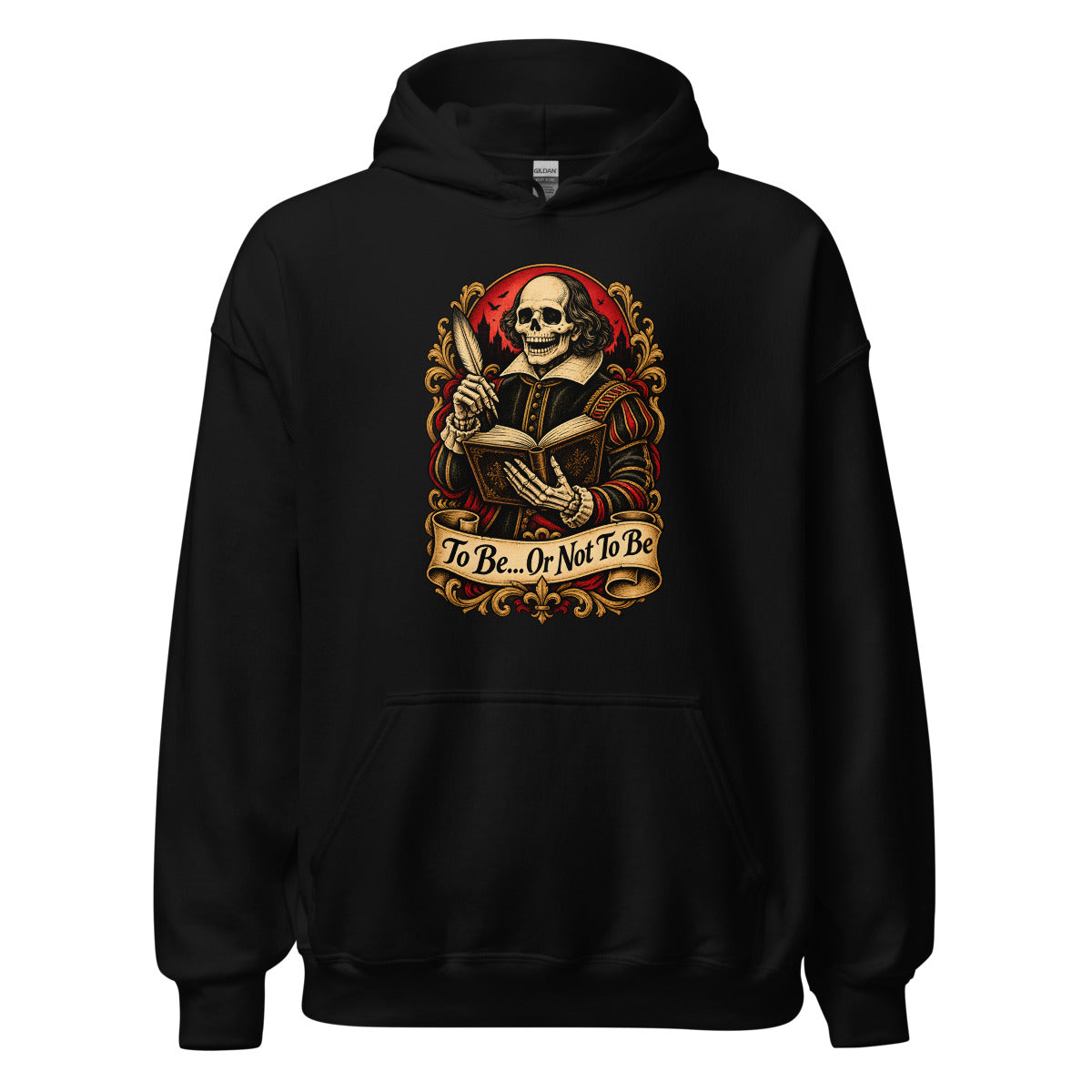 Skelett Shakespeare mit Feder und Buch – Hoodie – großer Frontdruck