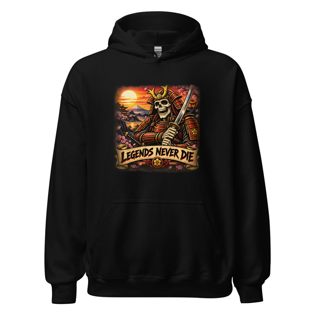 Skelett-Samurai mit Schriftzug "Legends Never Die" – Hoodie – großer Frontdruck