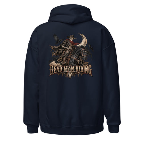 Unisex Hoodie in Navy, Rückenansicht mit großem Rückenprint: Dead Man Riding.