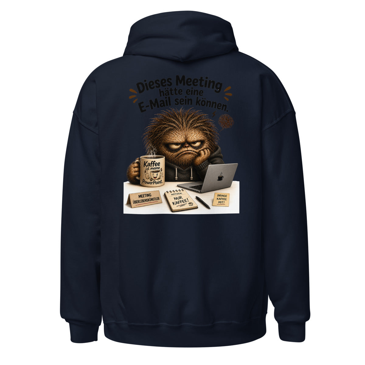 Unisex Hoodie in Navy, Rückenansicht mit großem Rückenprint: Meeting Überlebenskünstler mit Kaffee.