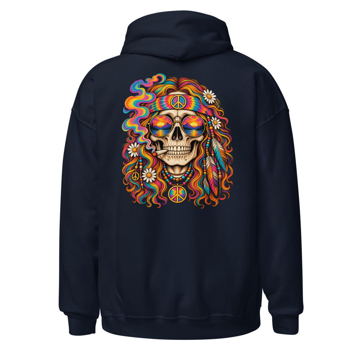 Unisex Hoodie in Navy, Rückenansicht mit großem Rückenprint: Hippie Totenkopf mit Peace-Zeichen.
