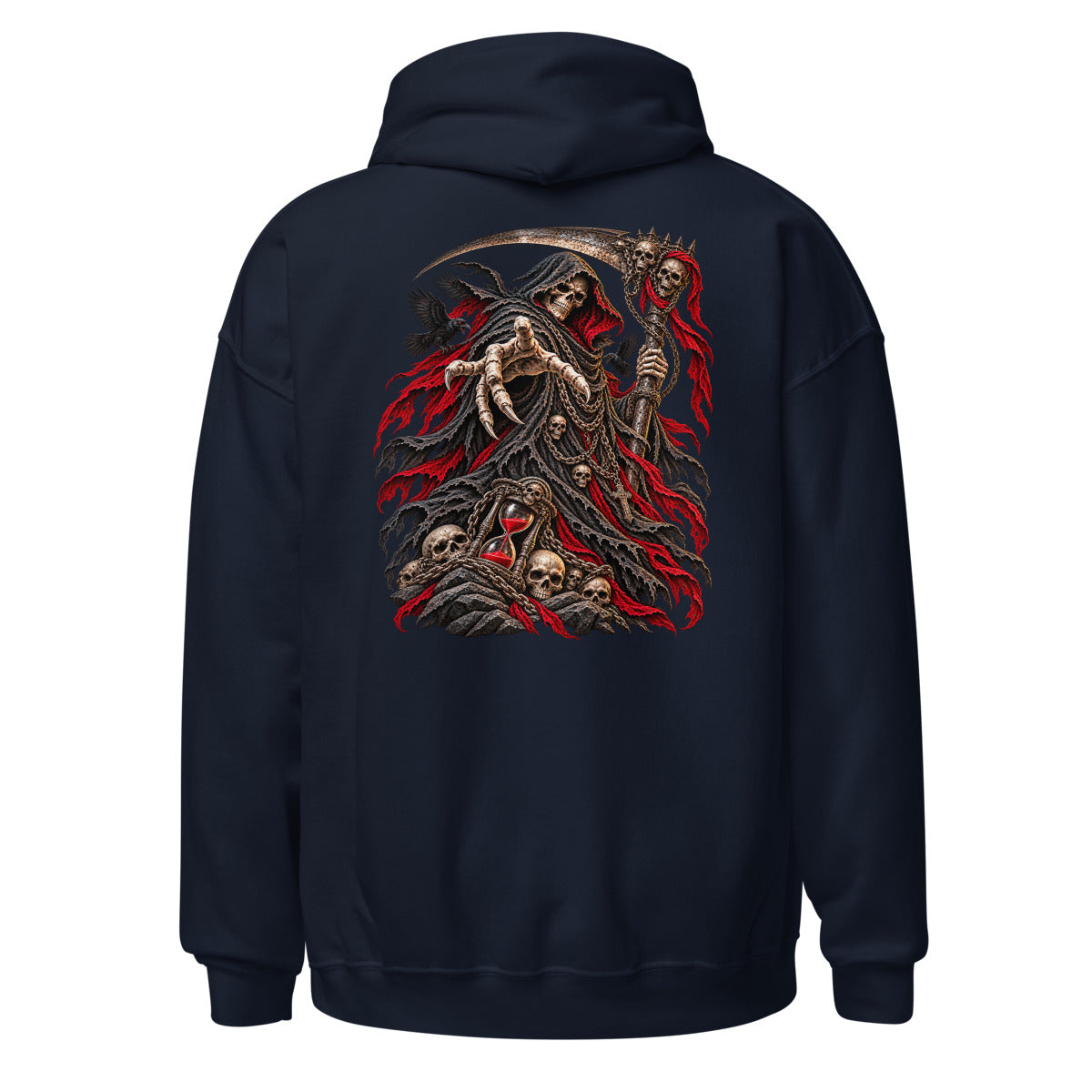 Unisex Hoodie in Navy, Rückenansicht mit großem Rückenprint: Sensenmann mit Sanduhr und Krähen.