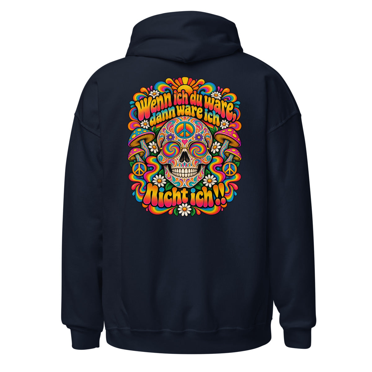 Unisex Hoodie in Navy, Rückenansicht mit großem Rückenprint: Psychedelischer Totenkopf mit Friedenssymbolen und Pilzen.