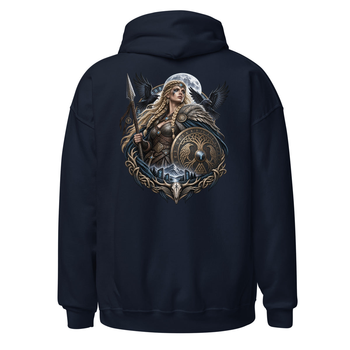 Unisex Hoodie in Navy, Rückenansicht mit großem Rückenprint: Wikinger-Kriegerin mit Schild, Speer und Raben.