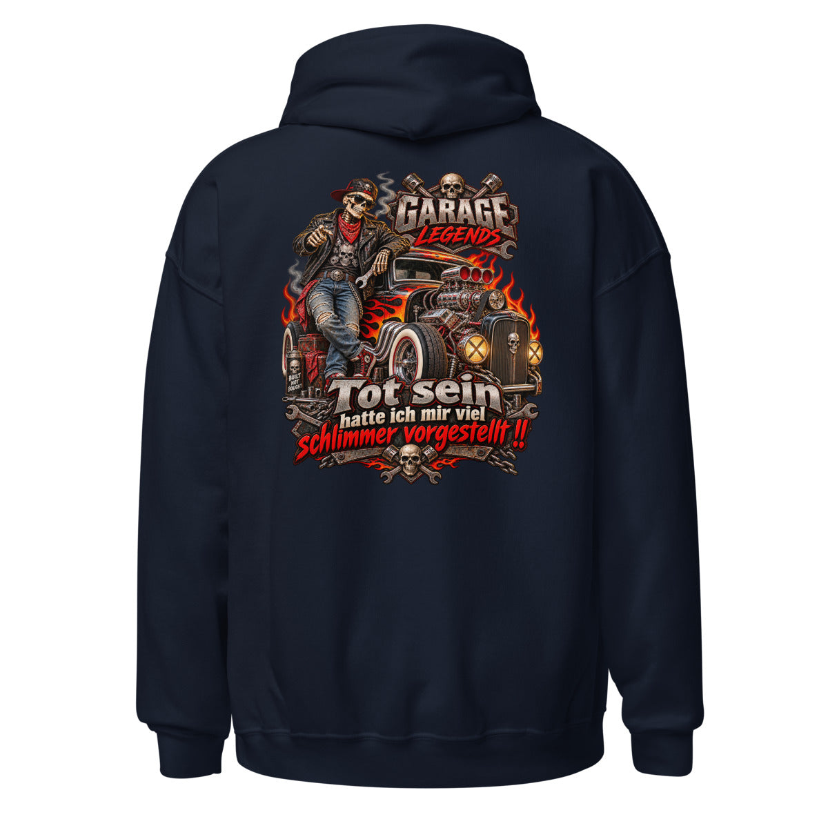 Unisex Hoodie in Navy, Rückenansicht mit großem Rückenprint: Garage Legends Tot sein.