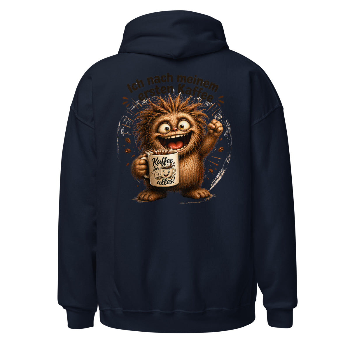 Unisex Hoodie in Navy, Rückenansicht mit großem Rückenprint: Kaffee-Monster mit erster Tasse.