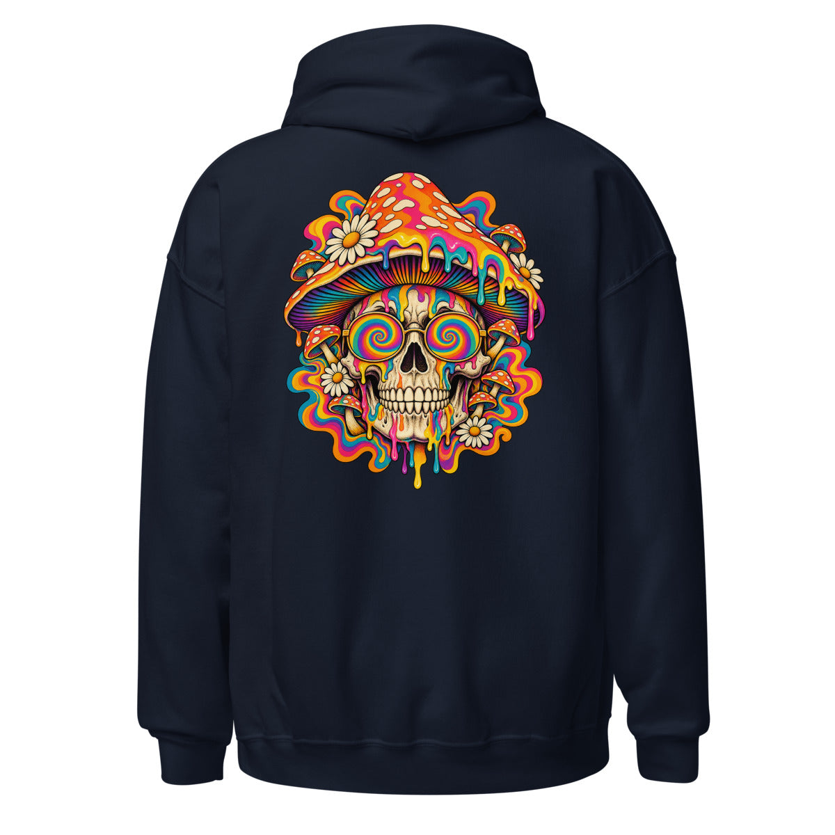 Unisex Hoodie in Navy, Rückenansicht mit großem Rückenprint: Psychedelischer Totenkopf mit Pilzhut.