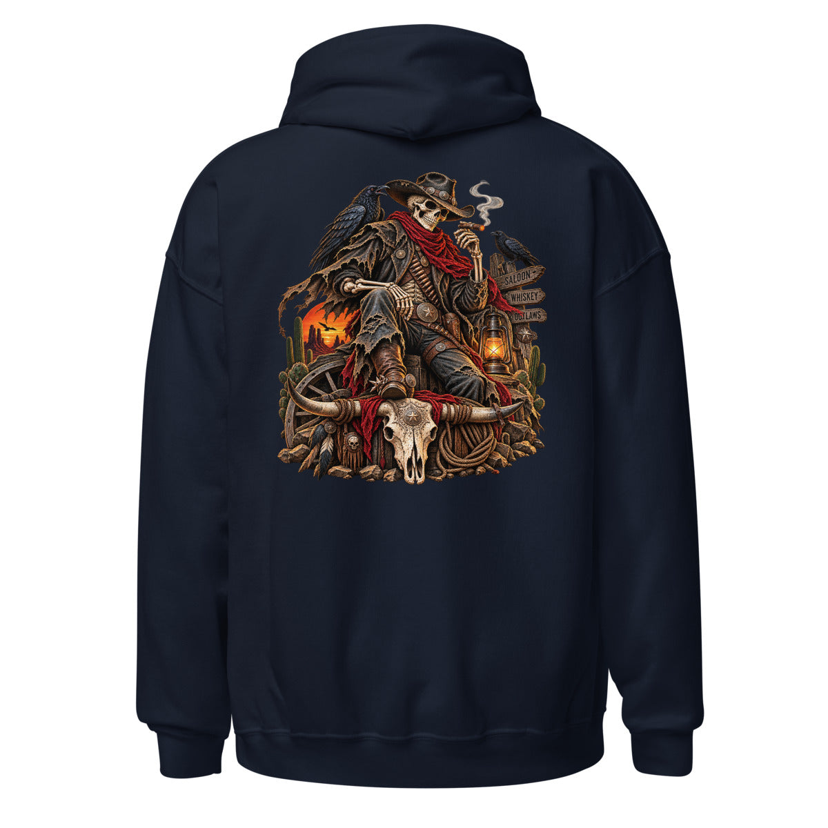 Unisex Hoodie in Navy, Rückenansicht mit großem Rückenprint: Skelett Cowboy im Westernstil.