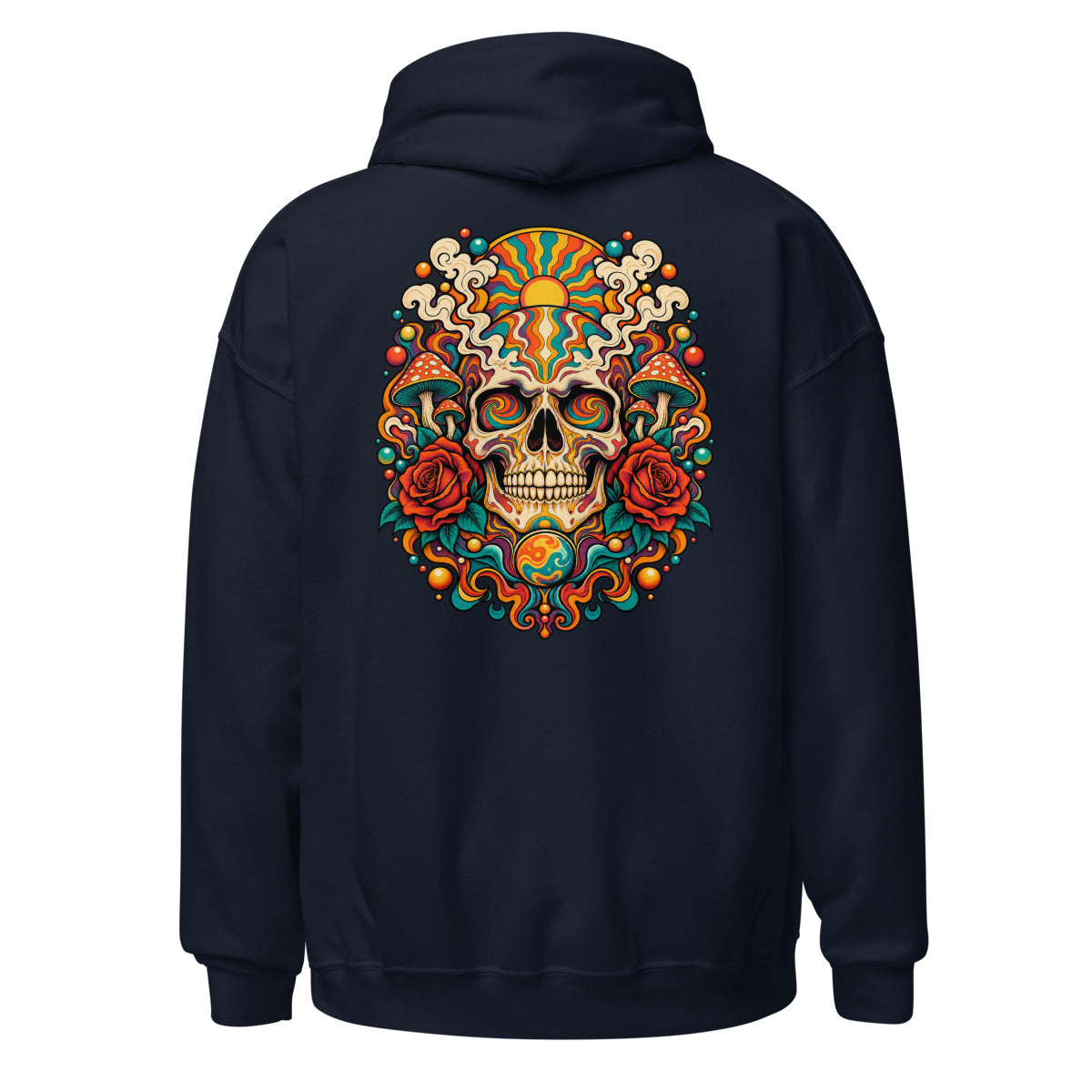 Unisex Hoodie in Navy, Rückenansicht mit großem Rückenprint: Psychedelischer Totenkopf mit Rosen und Pilzen.
